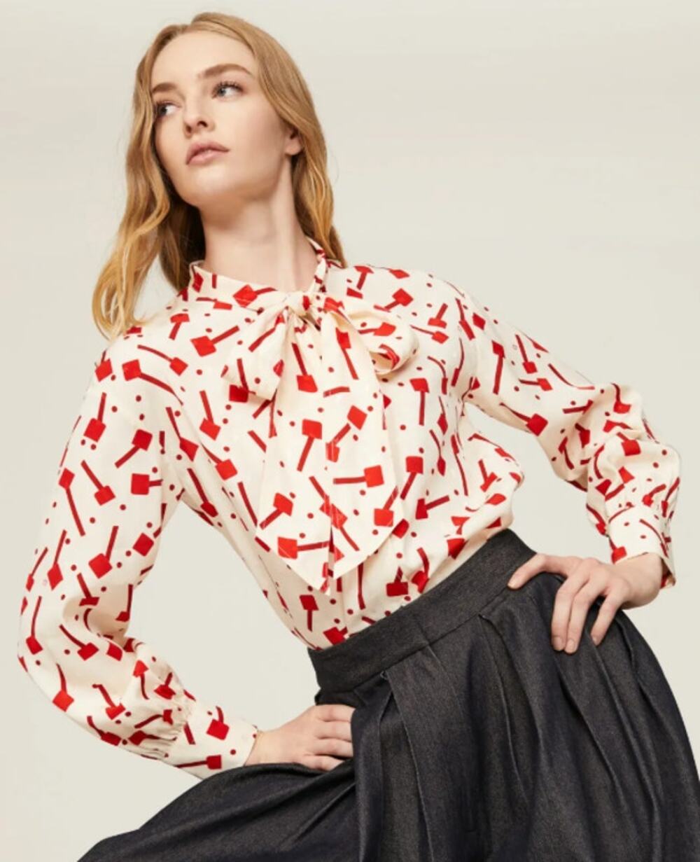Tory Burch Lollipop Jacquard Bow Blouse Red Cream Size 10 Whimsy Retro Career